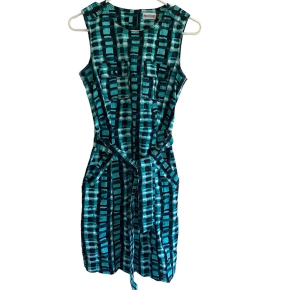 Marvin Richards Teal Watercolor Belted Fit and‎ Flare Dress Size 2 Pockets - Picture 1 of 6